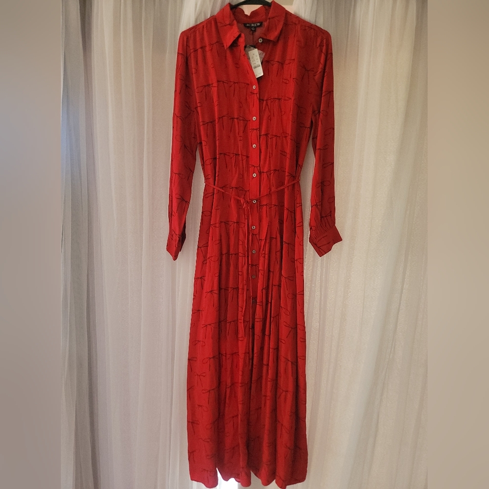 J.Crew Red Bown Print Button-Up Maxi Dress Size 4 Nwt - Picture 3 of 4